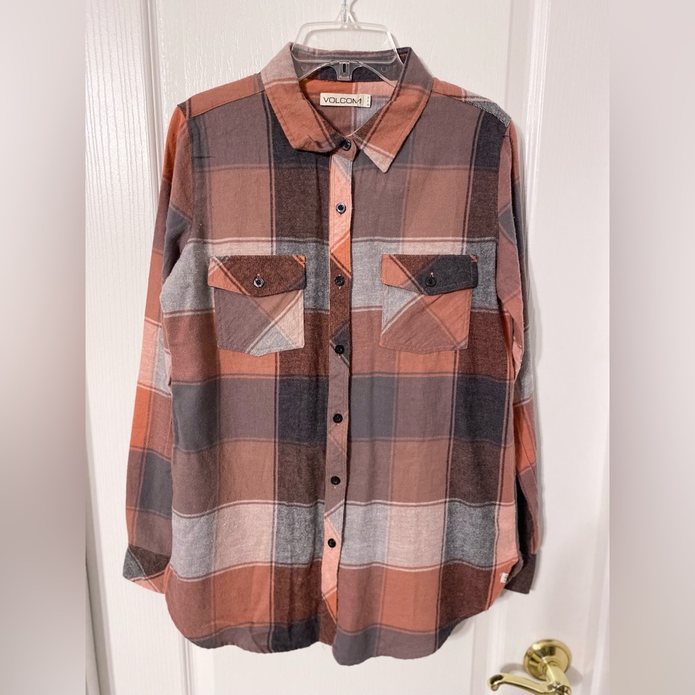 NEW Volcom Plaid Flannel Button Down Shirt Pink Gray Size Small